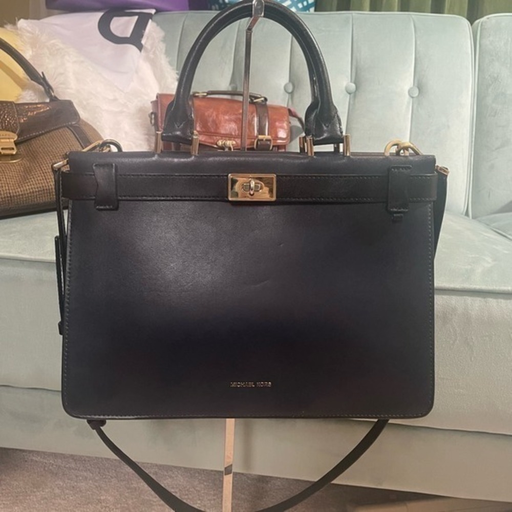 Michael Kors Tatiana Medium Two-Tone Leather Satchel in Navy 30F8TT0S2T